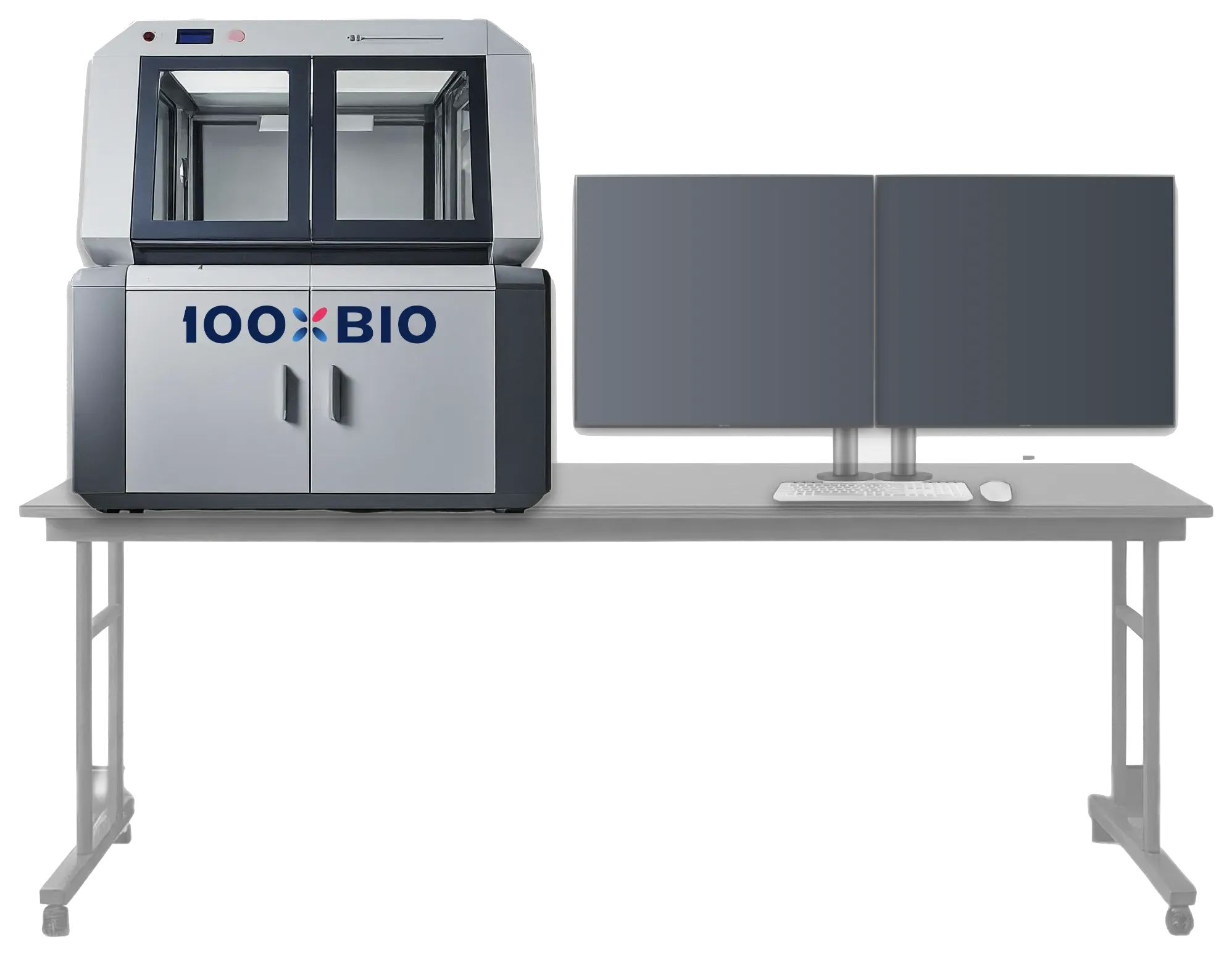 Compact hybrid cytometry platform on laboratory bench, with automated liquid handling system and fluorescent cell scanner